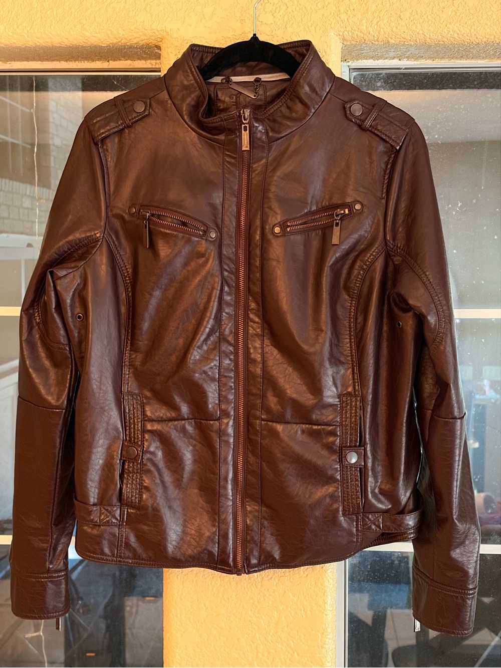 Men's Faux Leather Jacket with Sherpa Lining - Burgundy